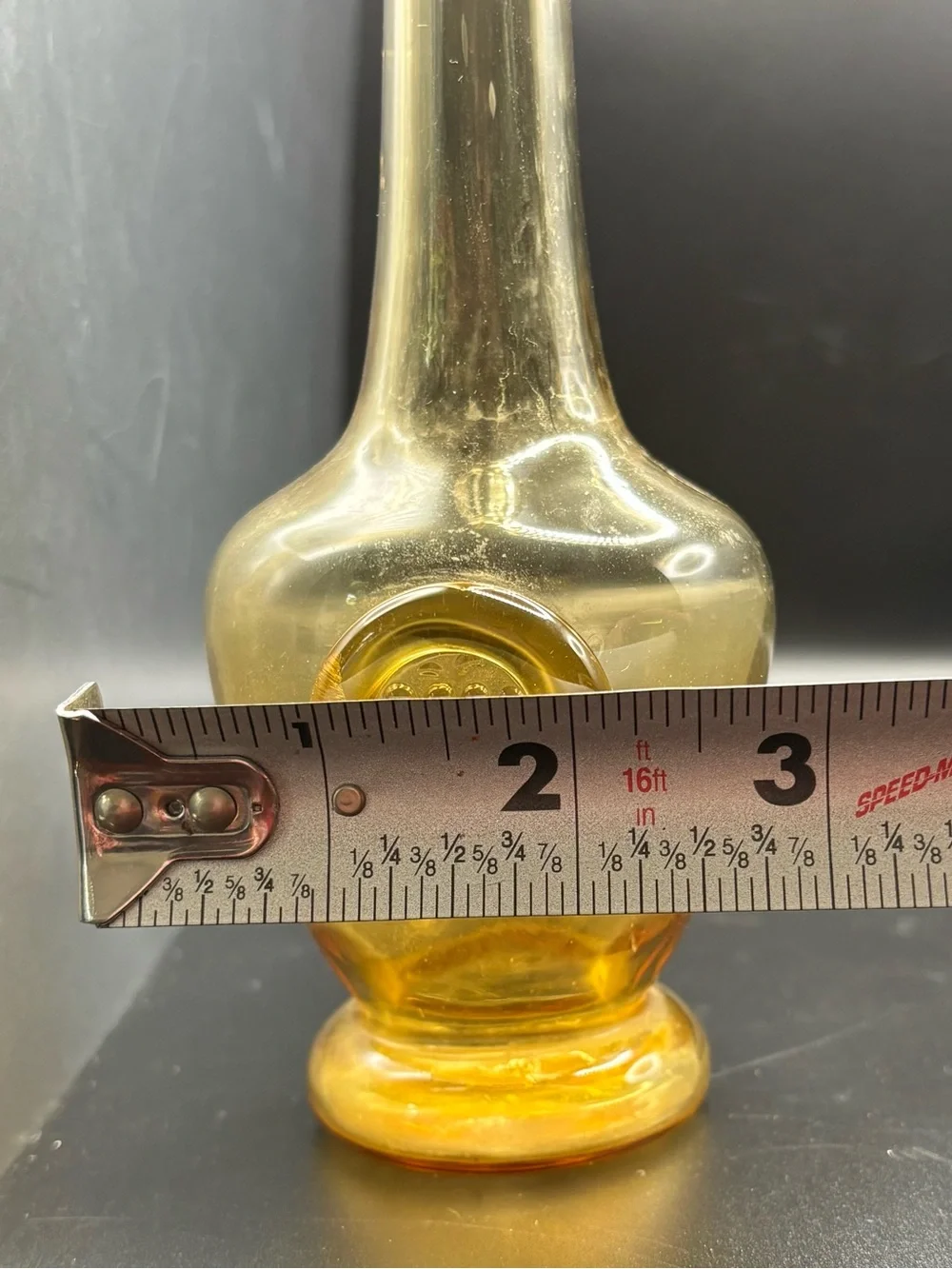 Vintage Amber Glass Bud Vase Applied Grape Seal Medallion MCM 13” Solifleur